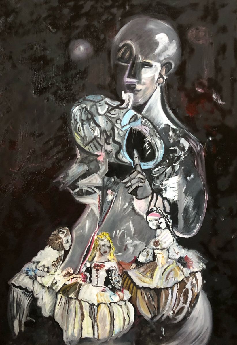 Cyborg playing with figures of Art History